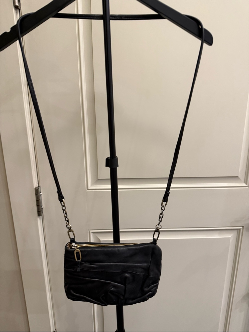 HOBO Black Leather Crossbody Bag with Chain-Accent Strap